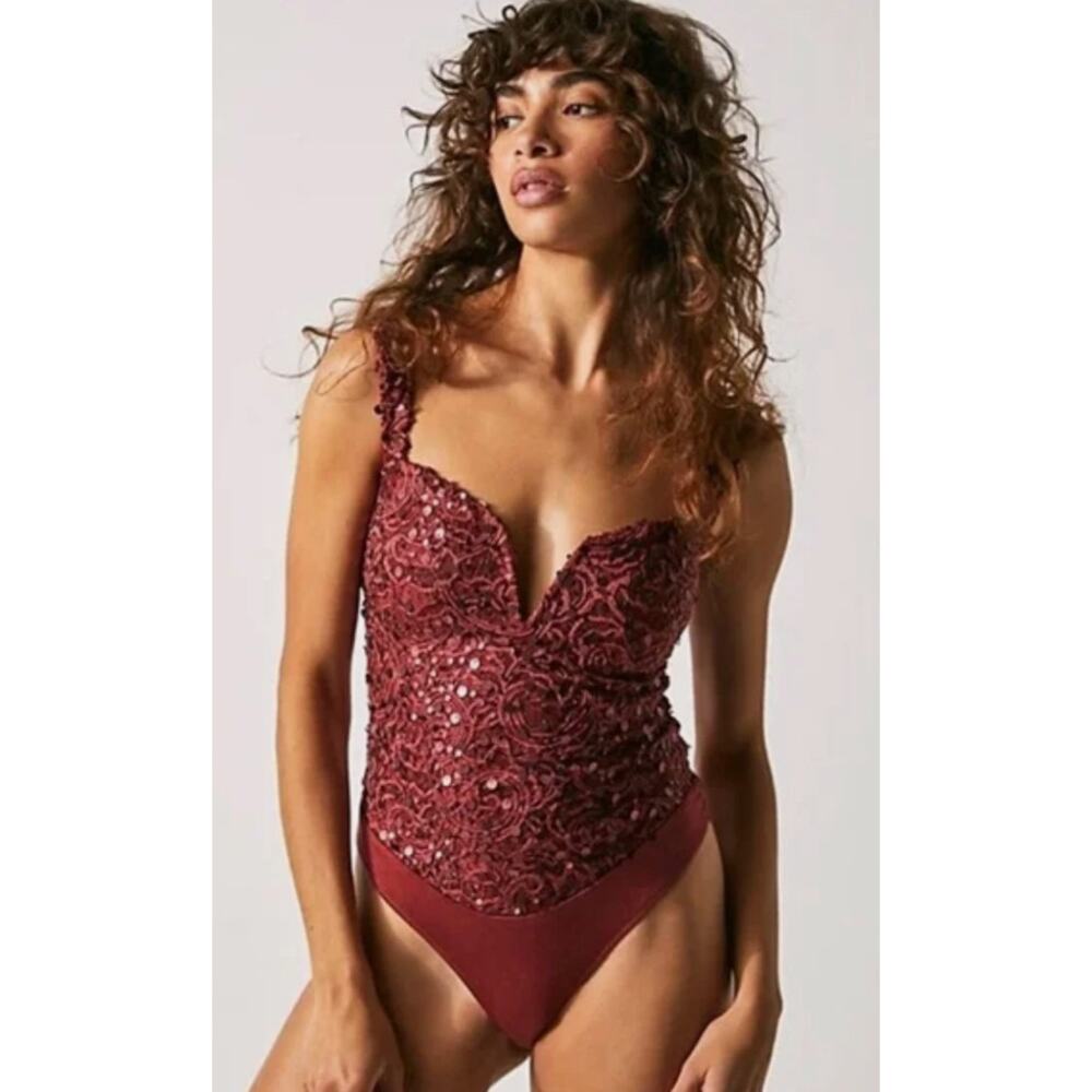 NWT Free People Burnt Henna TerraCotta Sequin Tank Bodysuit LARGE